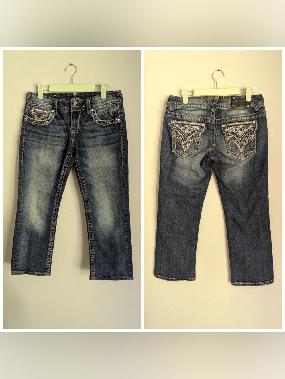 Y2K Bling Vigoss Women's 5/6 Capri Low Rise New York Denim Jeans Flap Pocket
